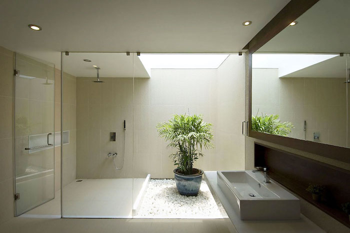decoration salle de bain, ambiance zen, grand miroir rectangulaire, pot à fleur, jardin avec galets