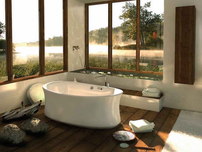 modele salle de bain, ambiance zen, tapis blanc moelleux, piscine décorative zen, baignoire blanche