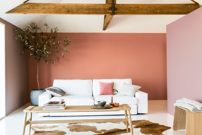 salon chaleureux qui combine le charme rustique et le style moderne, murs couleur sienne associés au plafond en poutres de bois apparentes