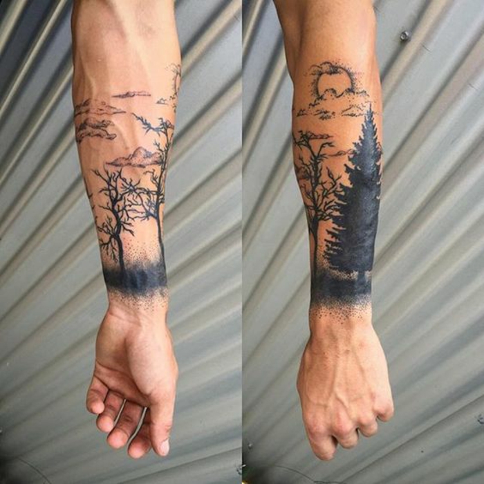 Idée de tatouage homme dos tatouage ligne de vie dessin tatoo foret