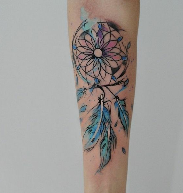 idée de tatouage attrape reve avant bras, plumes bleues, filet noir, nuage rose bleu, dessin tornade