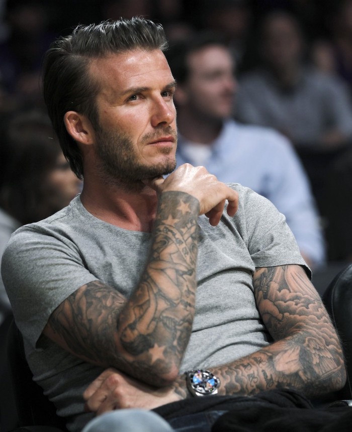 tatouage homme, David Beckham, dessin en encre sur la peau, montre originale, motifs femme