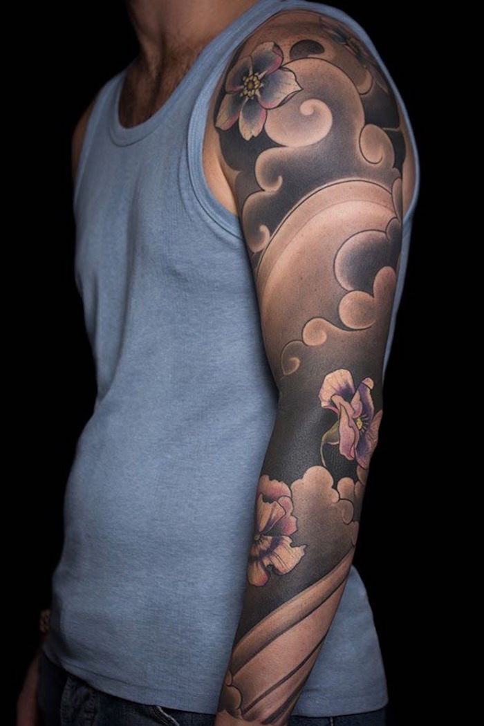 tattoo bras complet japonais idée tatouage vague symbole japon fleurs cerisier