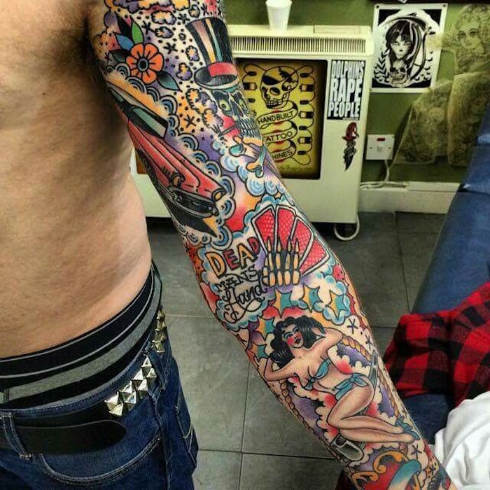 tatouage bras entier homme couleur vintage tattoo old school super héros