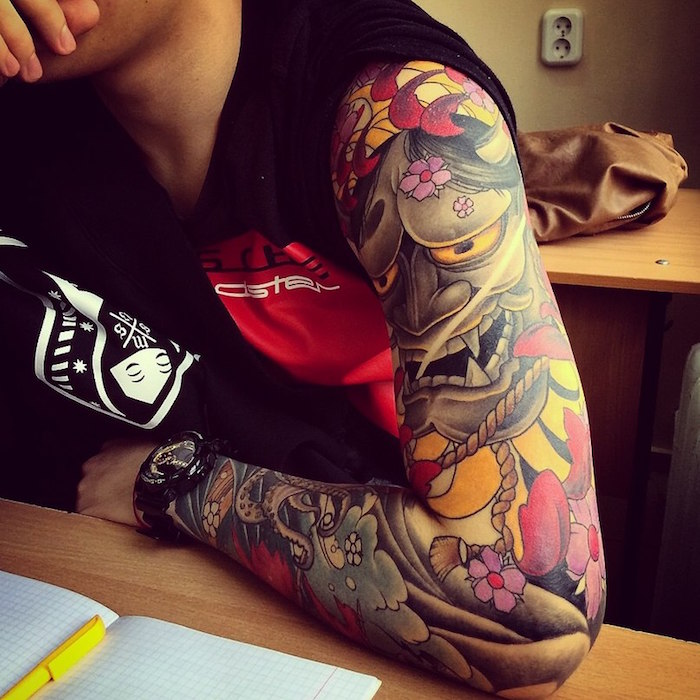 tattoo pivoine tatouage fleur de cerisier avant bras dragon japonais signification masque nio