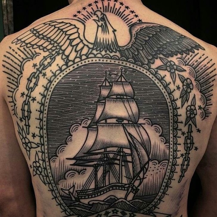 tatouage dos homme entier grand tattoo back bateau old school
