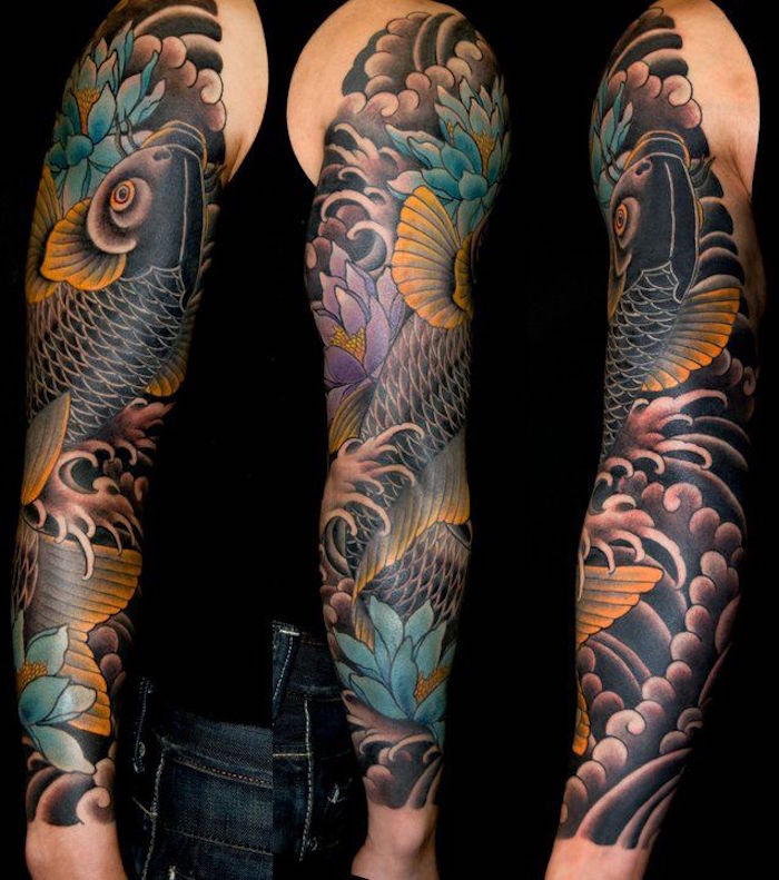 tatouage homme bras complet japonais tattoo carpe koi couleurs