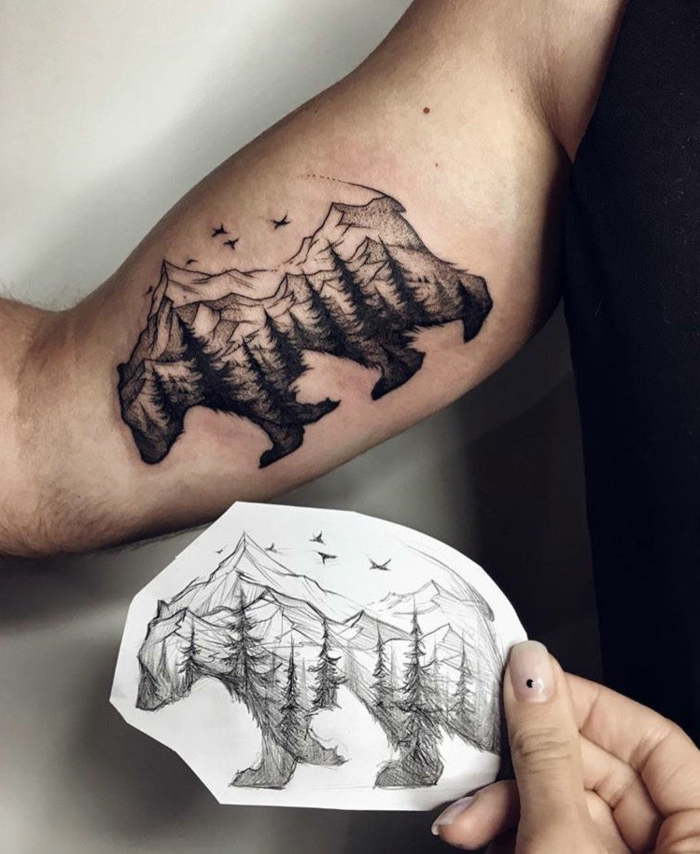 tatouage montagne, ours et montagne, oiseaux volants, paysage de nature mystique