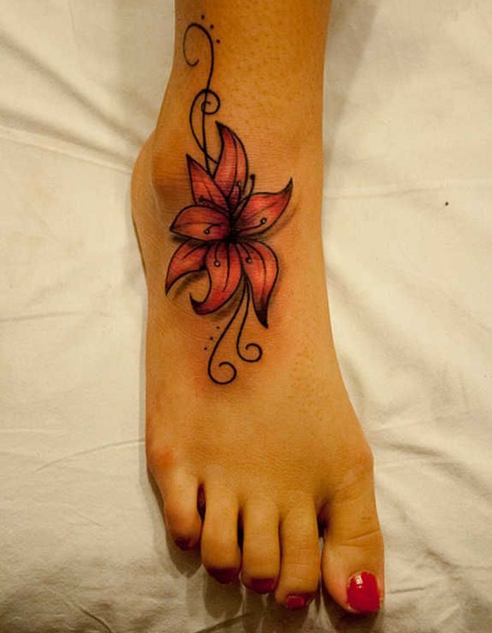 tatouage cheville pied fleur de lotus femme en couleur
