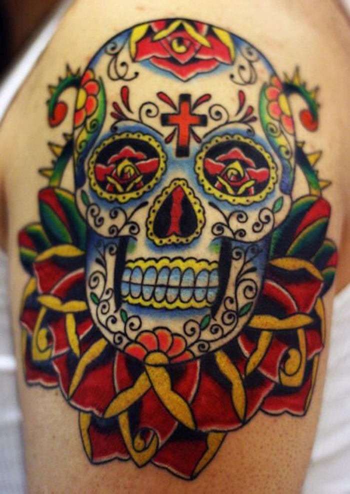 tatouage crane mexicain fleur tatouages mexicains couleurs