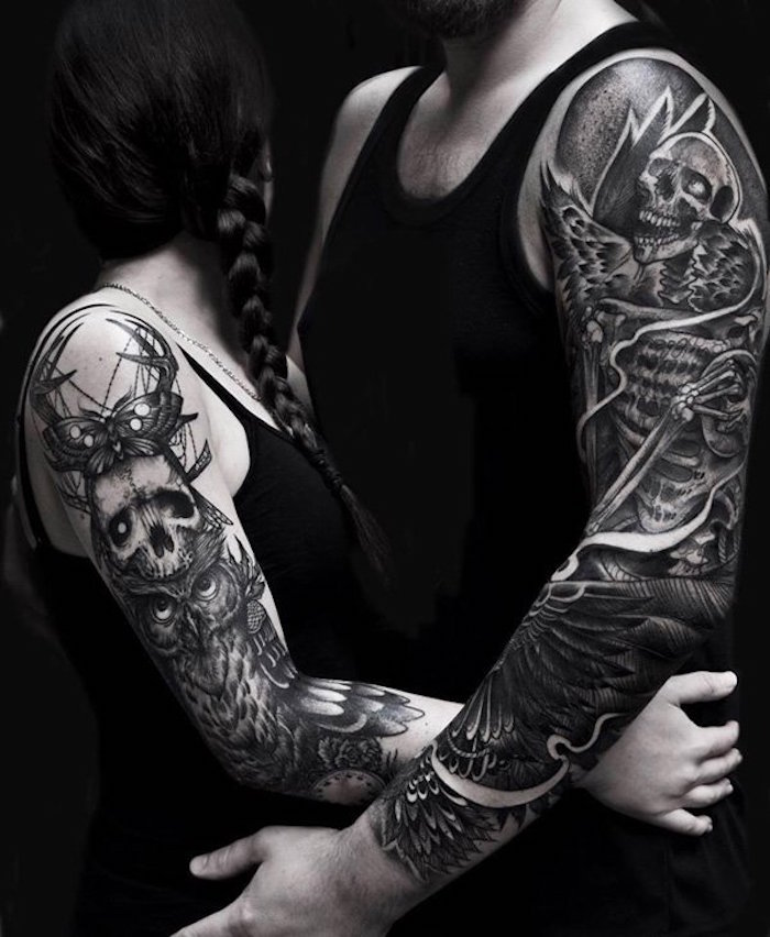 tatouages bras couple tattoo complet femme et homme tete de mort
