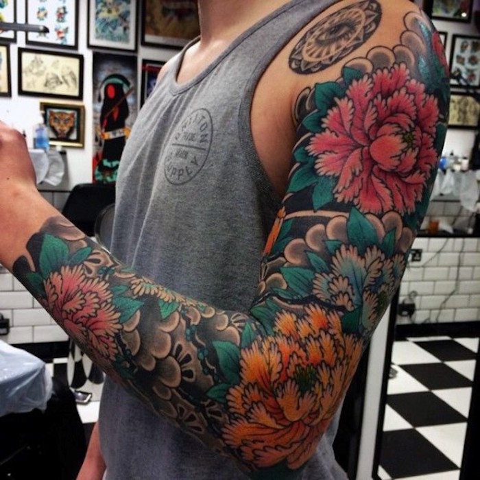 tattoo bras complet japonais tatouage japon fleurs couleurs