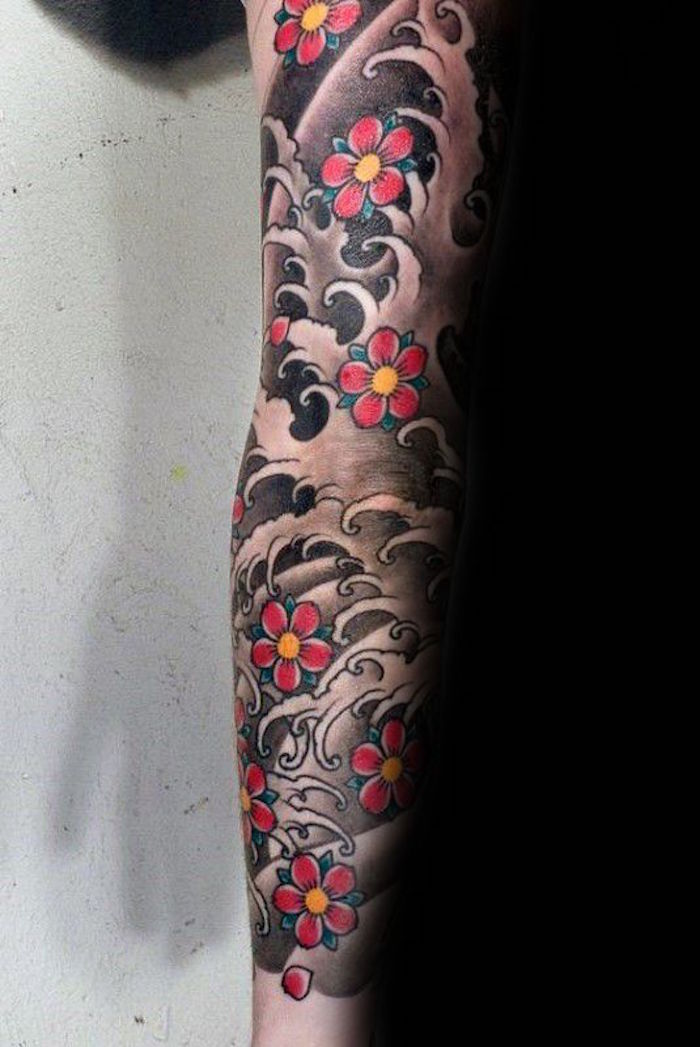 Manchette japonaise tatouage fleur de cerisier avant bras vagues