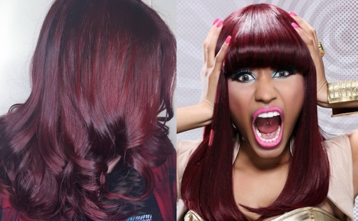 couleur de cheveux rouge, chemise bordeaux femme, cheveux bouclés sur les extrémités, crayon yeux turquoise, nicki minaj