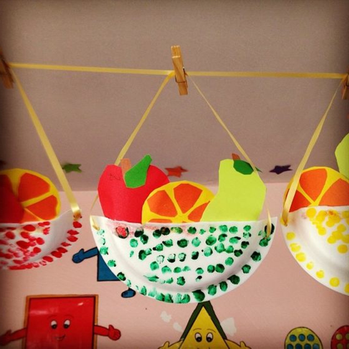 un panier en assiette en papier avec des fruits en papier rangés dedans, activité manuelle primaire pour enfants, loisirs creatifs