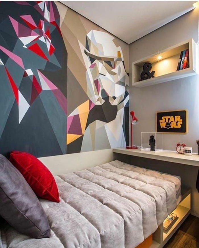 deco chambre adulte au thème Star Wars enfant ou ado couleurs pimpantes Darth Vader au mur peint de manière abstraite 