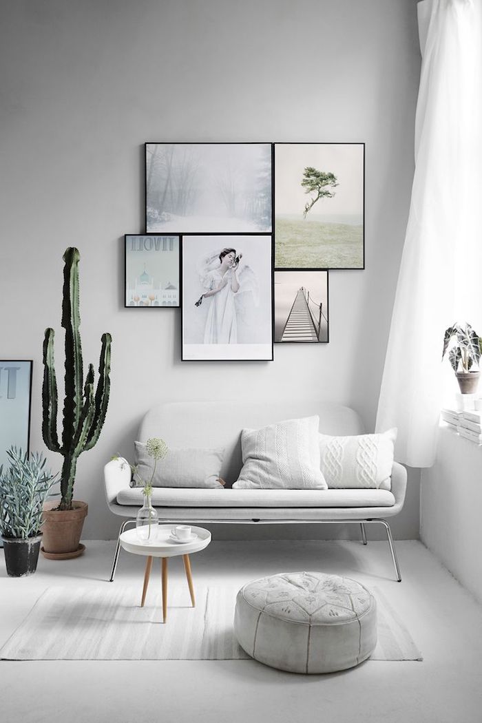appartement scandinave, murs peints en gris, rideaux longs en blanc, cactus grand dans un pot terre cuite