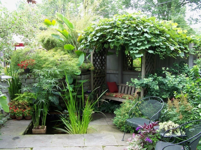espace repos jardin avec un banc en bois avec une arche végétalisée, chaises en metal, terrain en dalles de pierre, plusieurs p;antes vertes