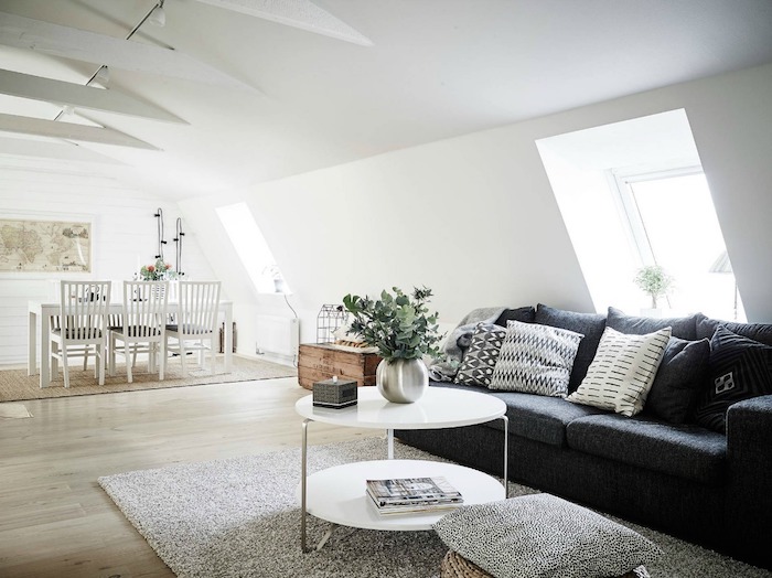 meuble scandinave, aménagement sous pente, armoire en bois, tapis moelleux gris, canapé noir, plantes vertes