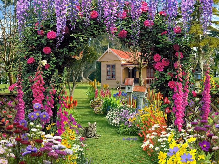 idee deco jardin, gazon et chemin avec une arche fleurie et parterre de fleur, un chat mignon, maison de campagne