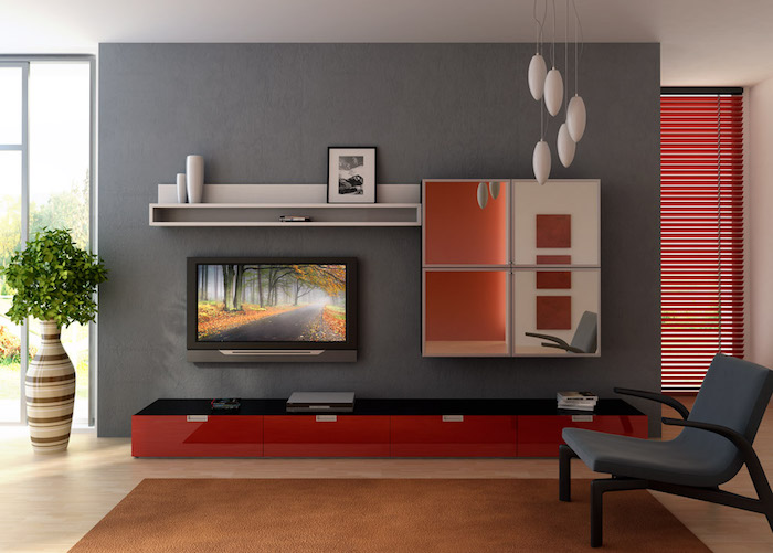 design salon deco simple gris rouge minimaliste moderne