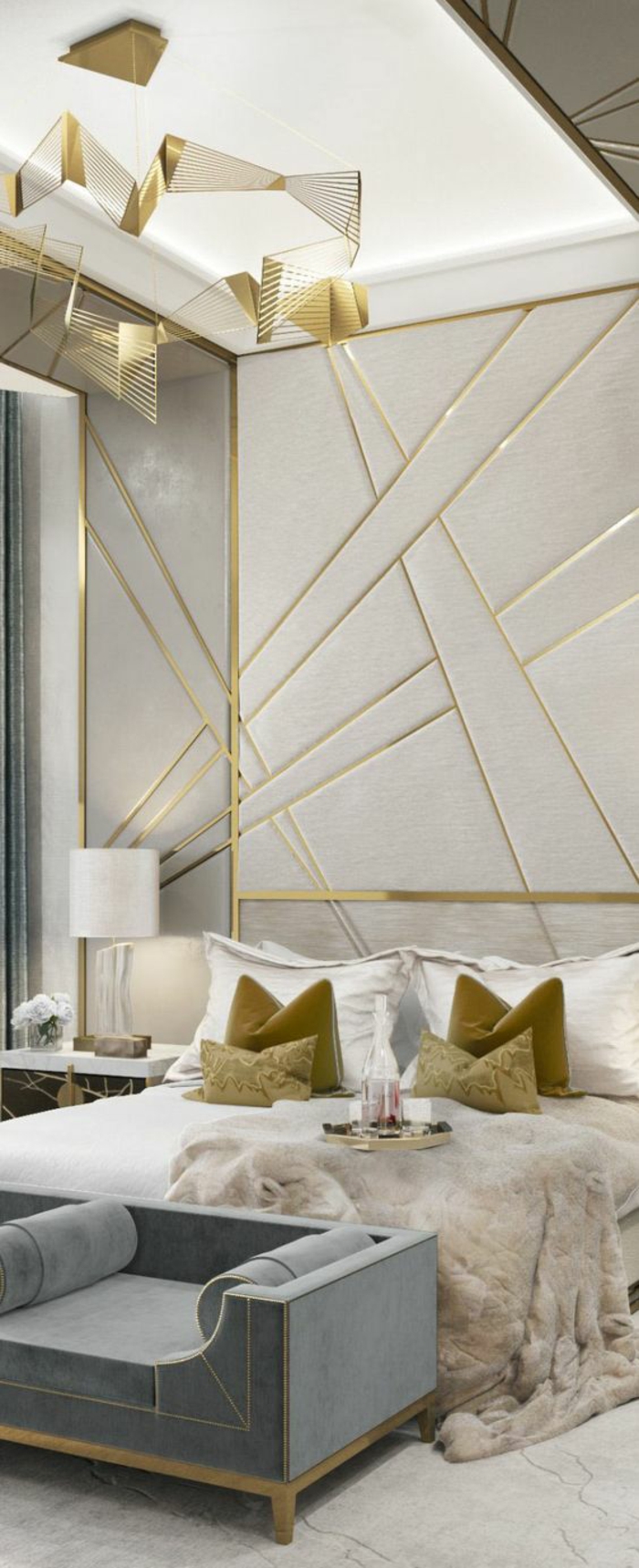 chambre design aux accents dorés et couleur colombe neutralité des couleurs et brillance des détails