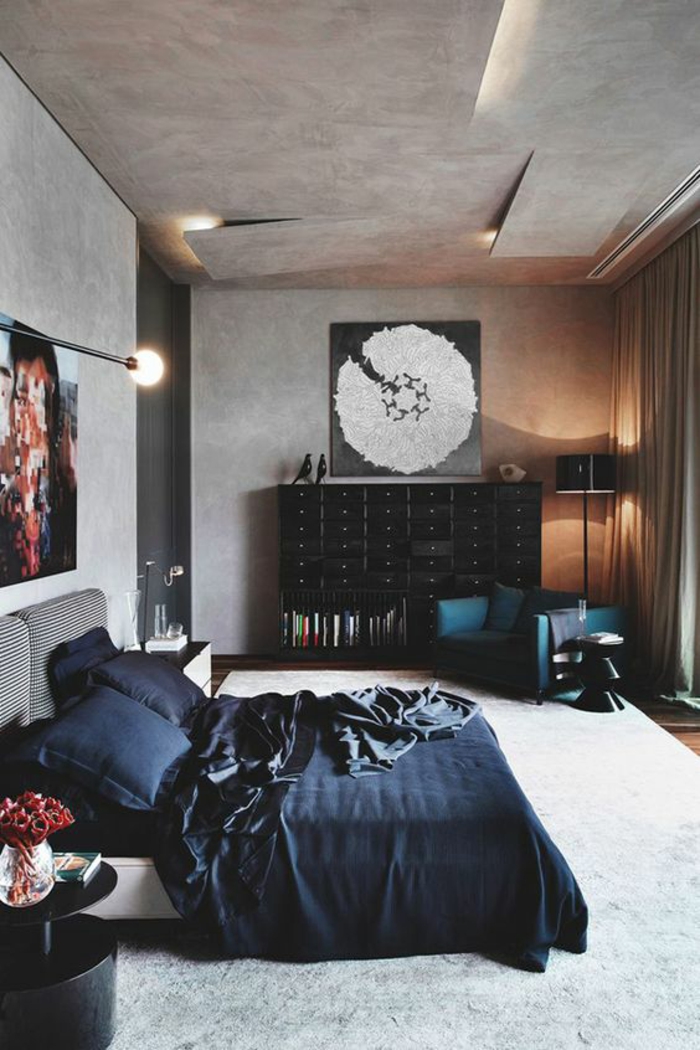 idee deco chambre avec plafond excentrique effet cassé en couleur gris fumée