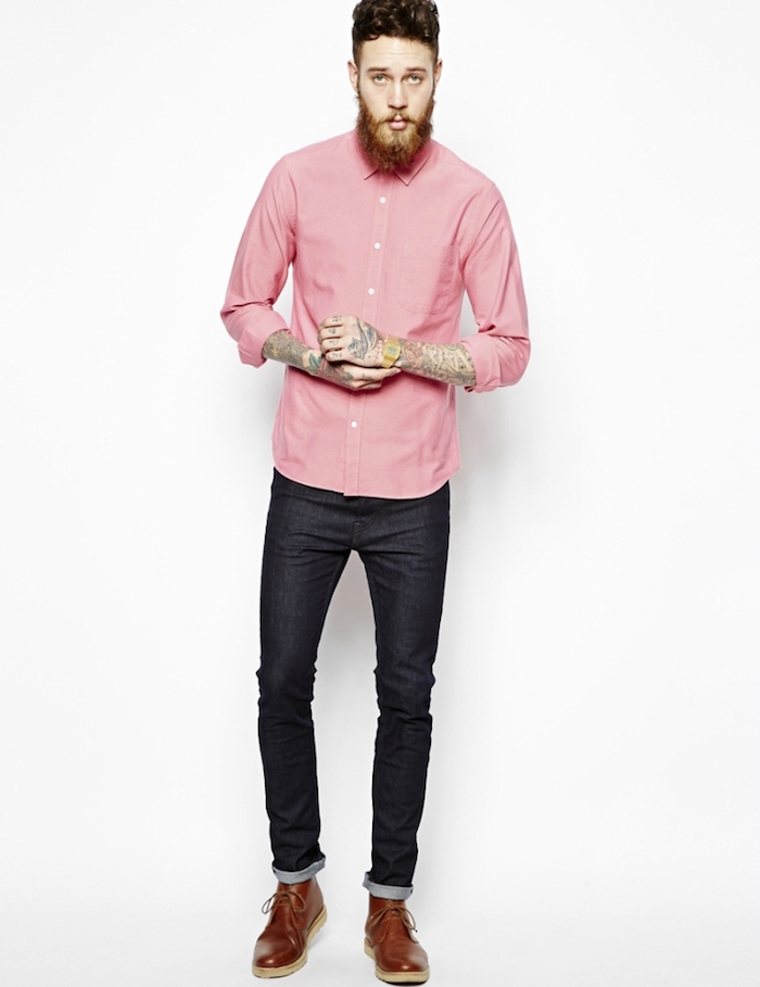 chemise homme de marque rose style hipster oxford sur jean brut