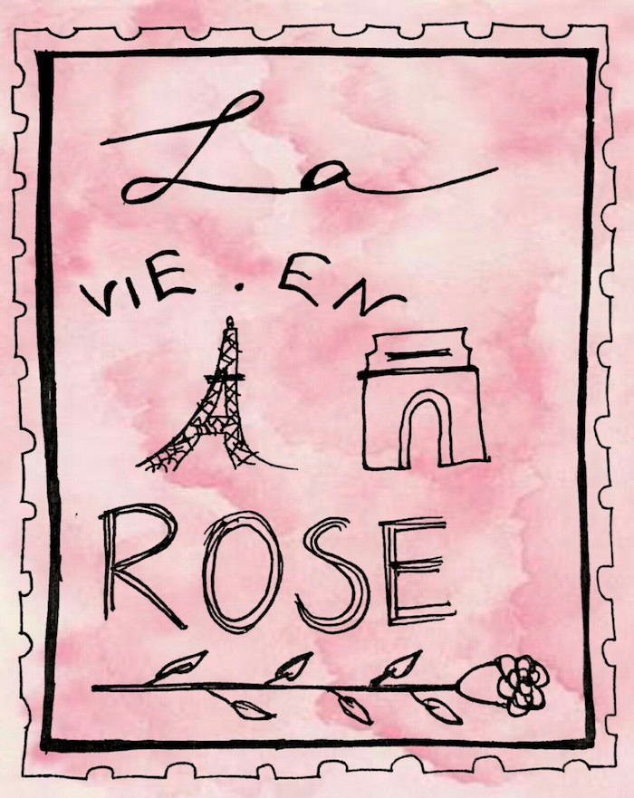 proverbe sur la vie, dessin en rose pastel avec cadre noir, voir la vie en rose, dessin tour eiffetl, belle phrase