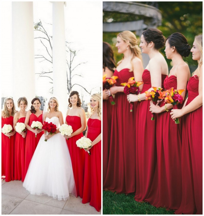 cortège nuptial de filles d'honneur en robes bustier rouge vermine en contraste fort avec la robe princesse de la mariée