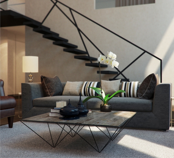 deco salon contemporain, escalier flottant noir, table en bois et métal, enduit et tapis gris