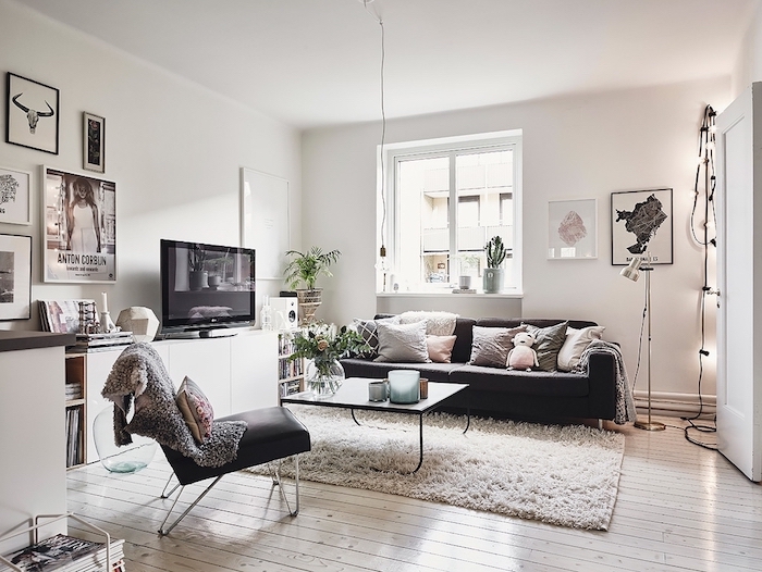 mobilier scandinave, chaise en cuir noire, collection de magazines, plantes vertes, canapé noir avec coussins décoratifs