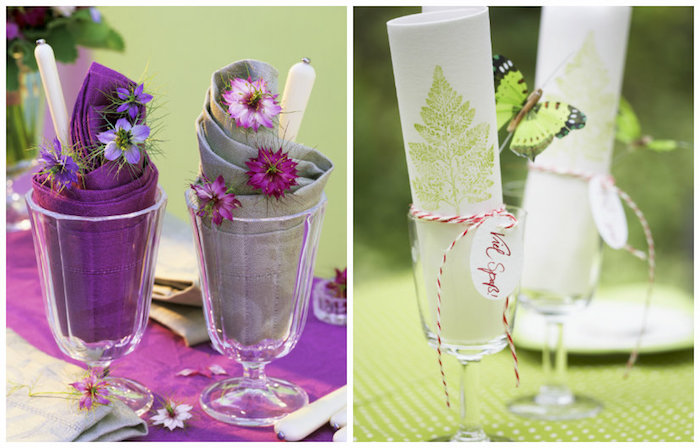 idée de décoration de fête, pliage de serviette origami, déco de table avec petites fleurs
