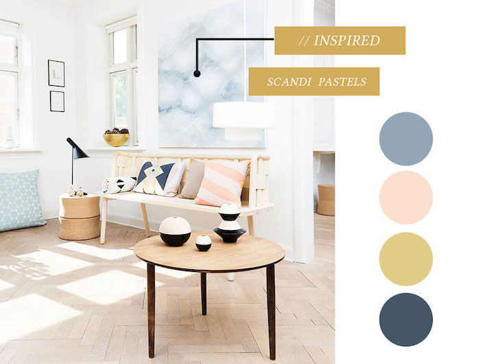 salon mur blanc, idée quelle palette de couleurs choisir, nuances pastel pour l'intérieur, lampe sur pied noire, banc en bois