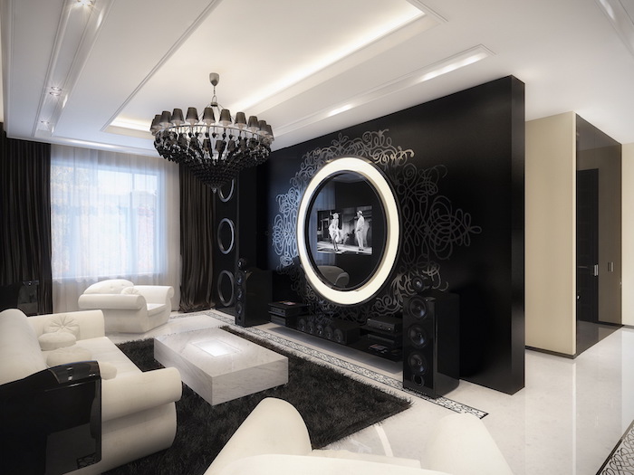 meuble design pour salon de luxe avec deco noir et blanc canapés modernes murs laqués