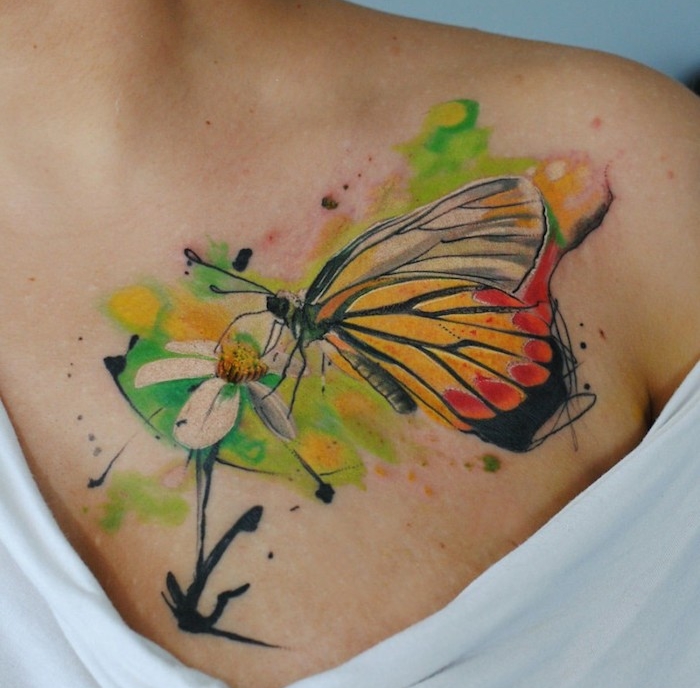tatouage papillon 3d, art corporel en effet aquarelle, dessin sur peau à motifs abeille et marguerite