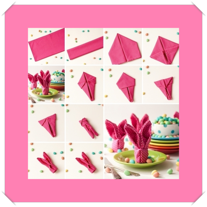  fete de paques, décoration thématique avec serviette, pliage origami de serviette rose en forme de lapin