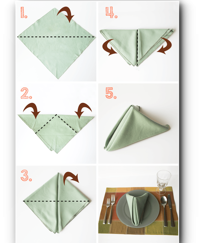 tutoriel avec étapes à suivre, arrangement de table élégant, pliage de serviette verte