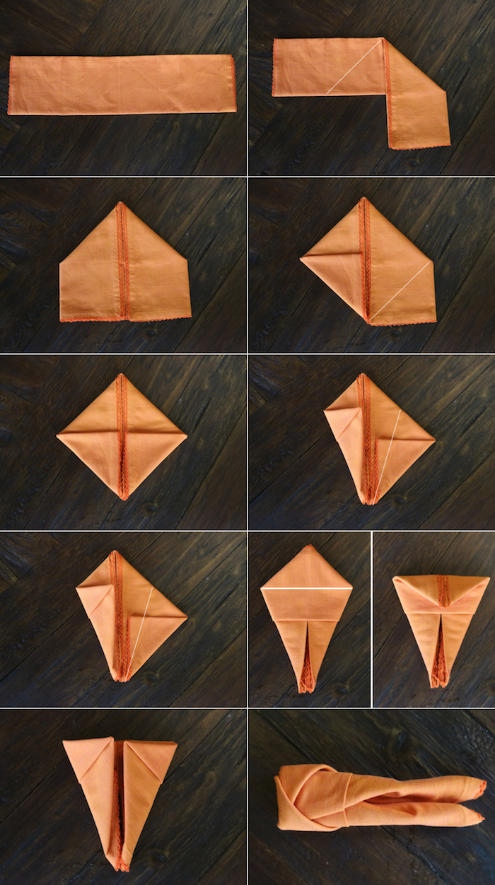images à suivre pour plier une serviette en tissu, tutoriel pour déco table avec serviette orange