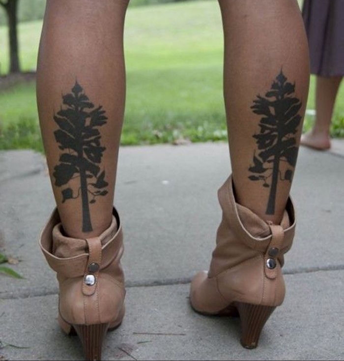 tatouage femme mollet tatouages deux mollets arbre tattoo nature jambe fille