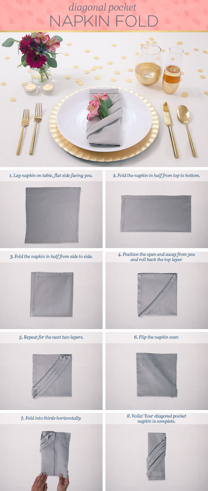 guide avec instructions pour apprendre origami, pliage de serviette en tissu gris, couverts de table dorés