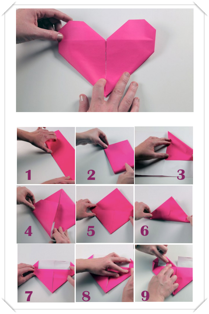 activité créative, instructions en photos sur comment plier une serviette en papier, coeur origami en serviette rose