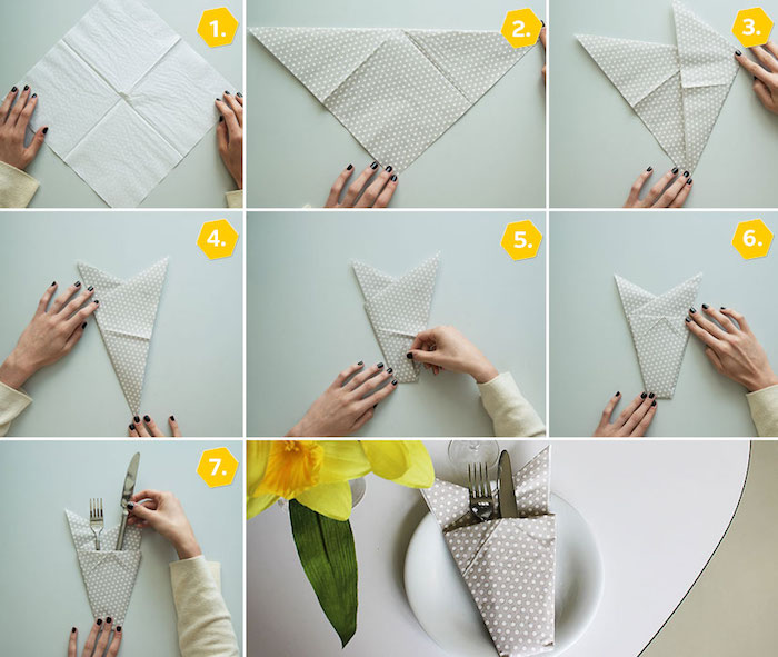 tutoriel avec images pour apprendre origami, pliage de serviette en papier gris à points blancs