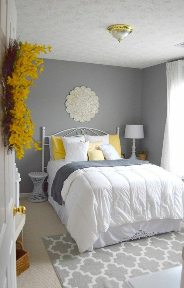 peinture gris perle chambre style romantique avec tapis et plafond aux memes motifs