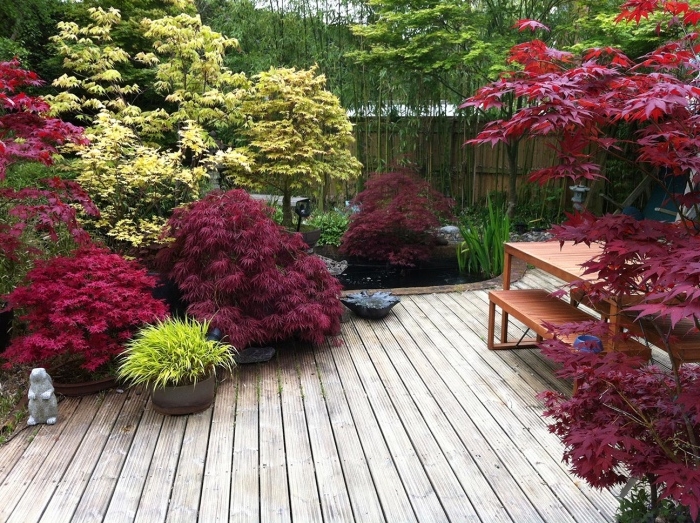 déco de jardin zen sol en teck, arbustes et arbres japonais, bambou, idée amenagement espace exterieur végétalisé