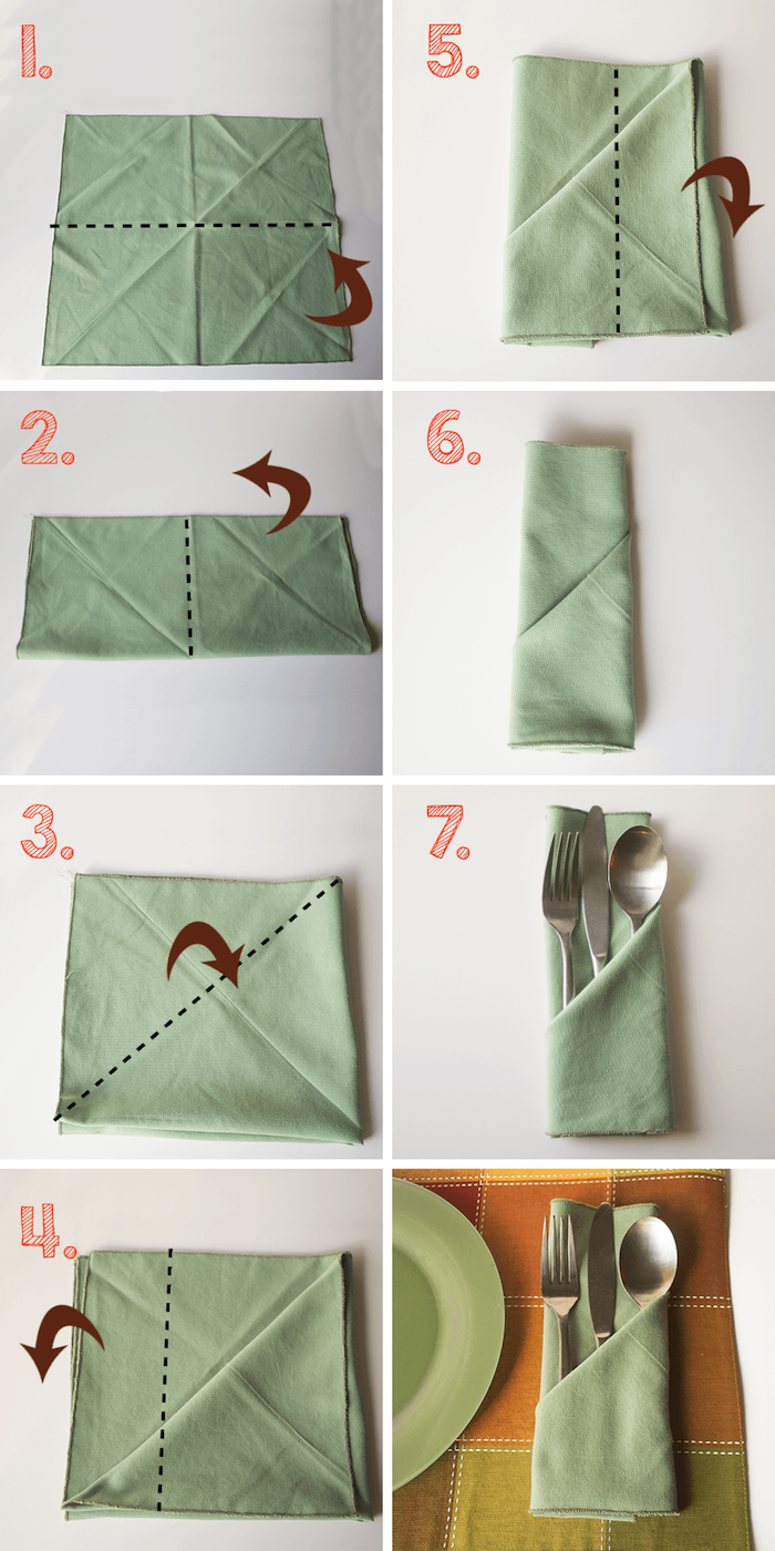pas à suivre pour plier une serviette, technique origami pour faire une déco de table, couverts de table et assiette verte