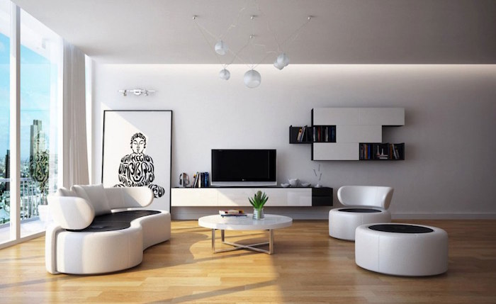 salon design vintage et moderne blanche minimaliste avec fauteuils luxe