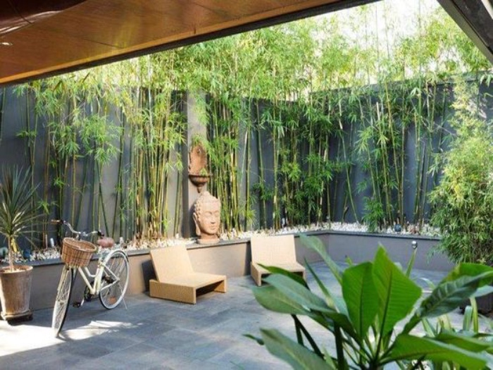 jardin zen dans une maison contemporaine, dalles de pierre, chaise longues, bicyclette, tête de bouddha et bambou