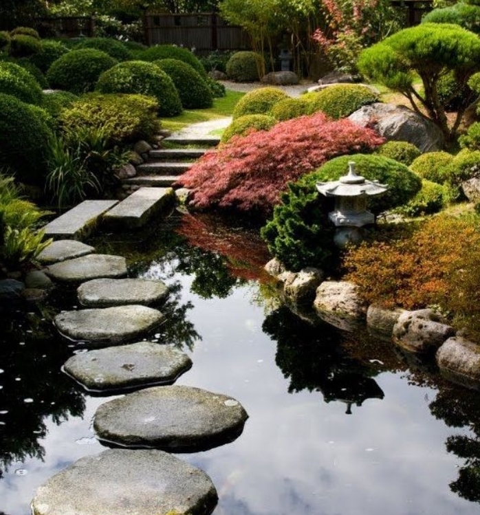 déco de jardin zen dans un jardin énorme, petit lac entouré de pierre, chemin de pierres, lanterne, arbustes, arbres, buis