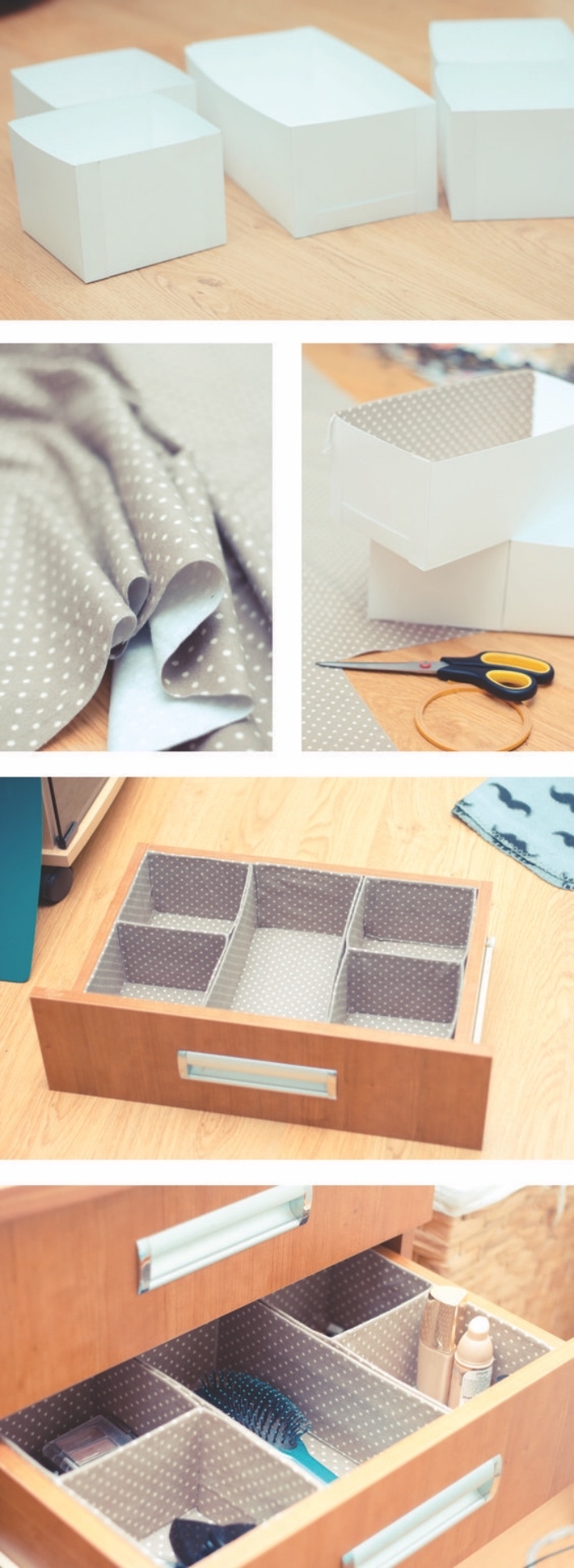 diy rangement boite a différents compartiments en papier cartonné, décorés en tissu dans un tiroir